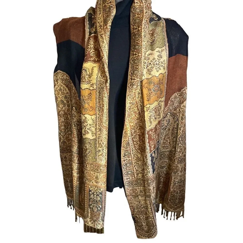 Cejon 100% rayon brown tones fringed scarf 28 x 82